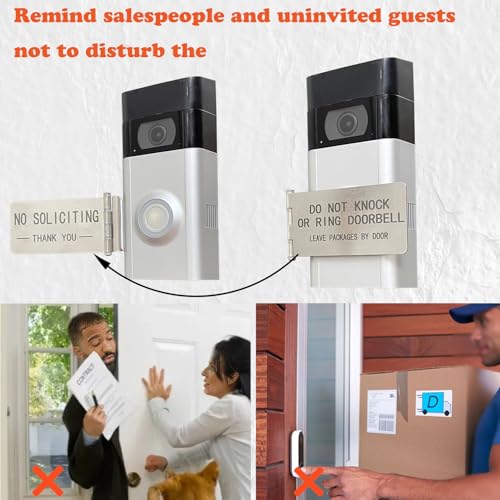 LJSCARE Front Door No Soliciting Sign & Do Not Knock Or Ring Doorbell Sign - Easy to Install on Doorbells - Prevents the Doorbell From Ringing While Napping or at Work (Silver - Left Side Mount) - Image 2