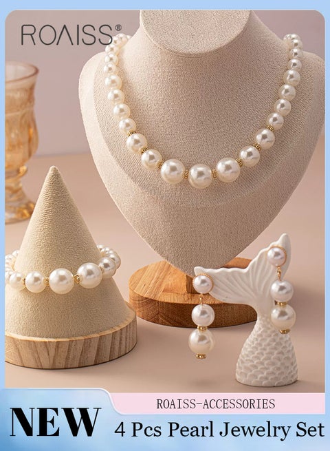 4 Pcs Pearl Jewelry Set for Women Exaggerated Large Pearl Choker Necklace, Sophisticated and Trendy Bracelet, Vintage Elegance Earrings, Luxurious Wedding Accessories