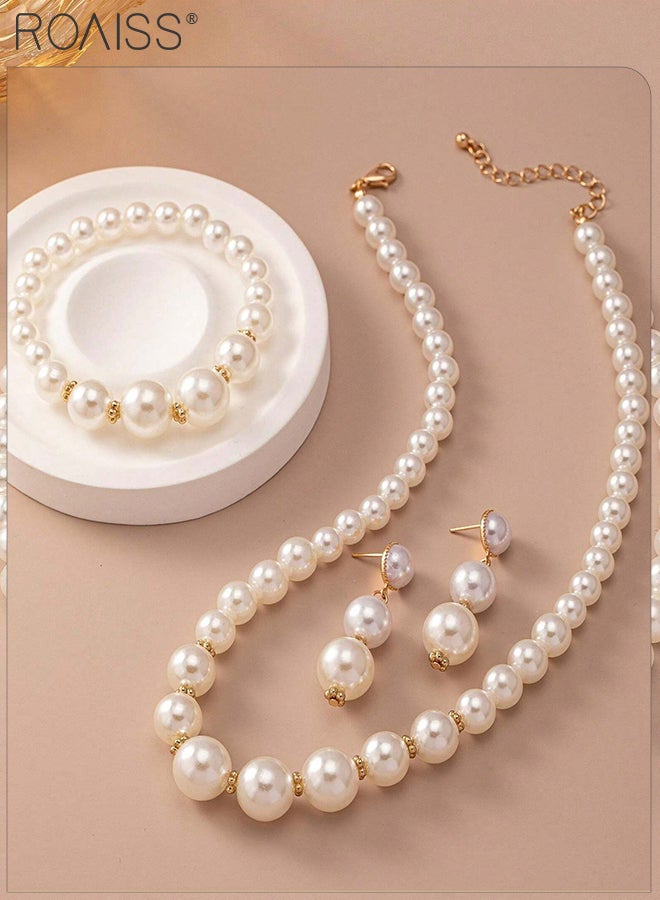 رويس طقم مجوهرات لؤلؤي مكون من 4 قطع للنساء، عقد تشوكر كبير من اللؤلؤ، سوار أنيق وعصري، أقراط أنيقة عتيقة، إكسسوارات زفاف فاخرة - Image 2
