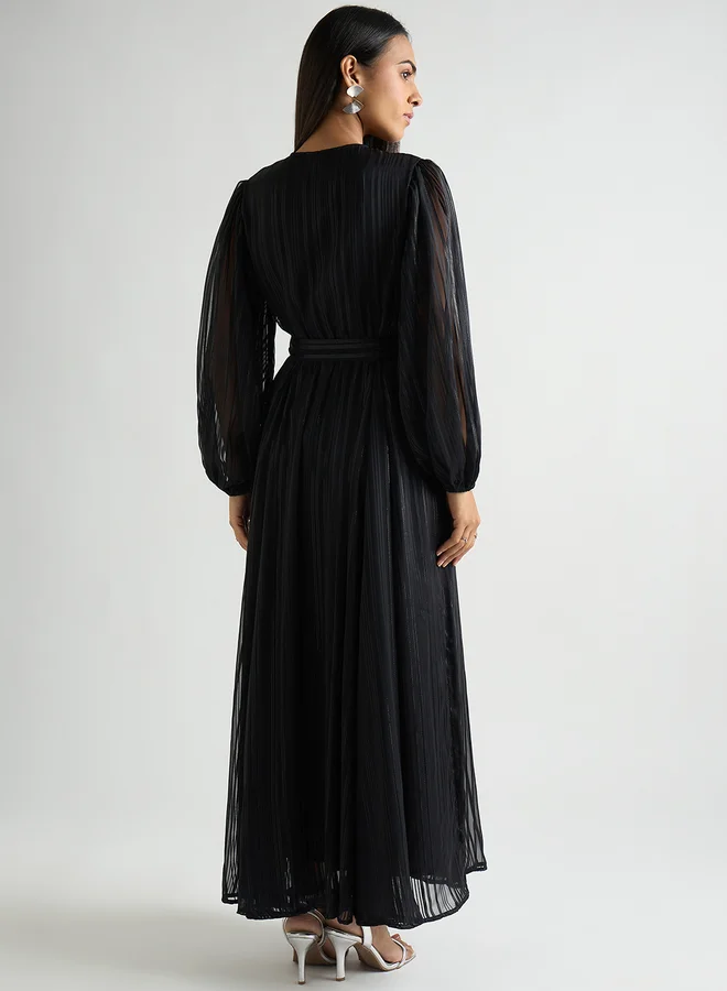 Femmella Women Black Balloon Sleeve Wrap Maxi Dress