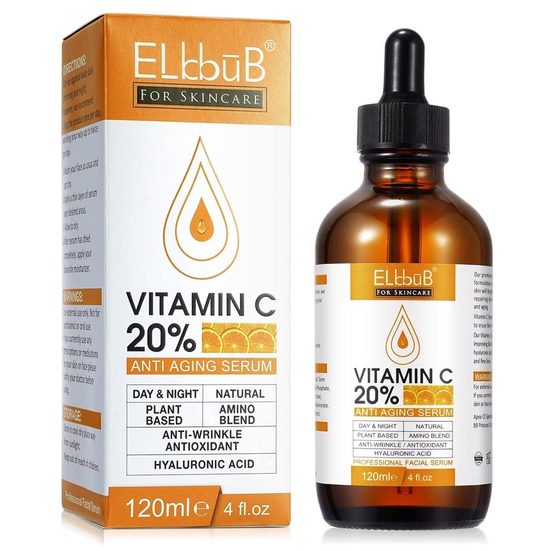 ELBBUB Premium 20% Vitamin C Serum For Face with Hyaluronic Acid, Retinol & Amino Acids - Boost Skin Collagen,Hydrate & Plump Skin, Anti Aging & Wrinkle Facial Serum (4 Fl Oz (Pack of 1)) - Image 1