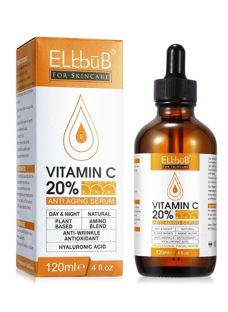 ELBBUB Premium 20% Vitamin C Serum For Face with Hyaluronic Acid, Retinol & Amino Acids - Boost Skin Collagen,Hydrate & Plump Skin, Anti Aging & Wrinkle Facial Serum (4 Fl Oz (Pack of 1))  - Image 1
