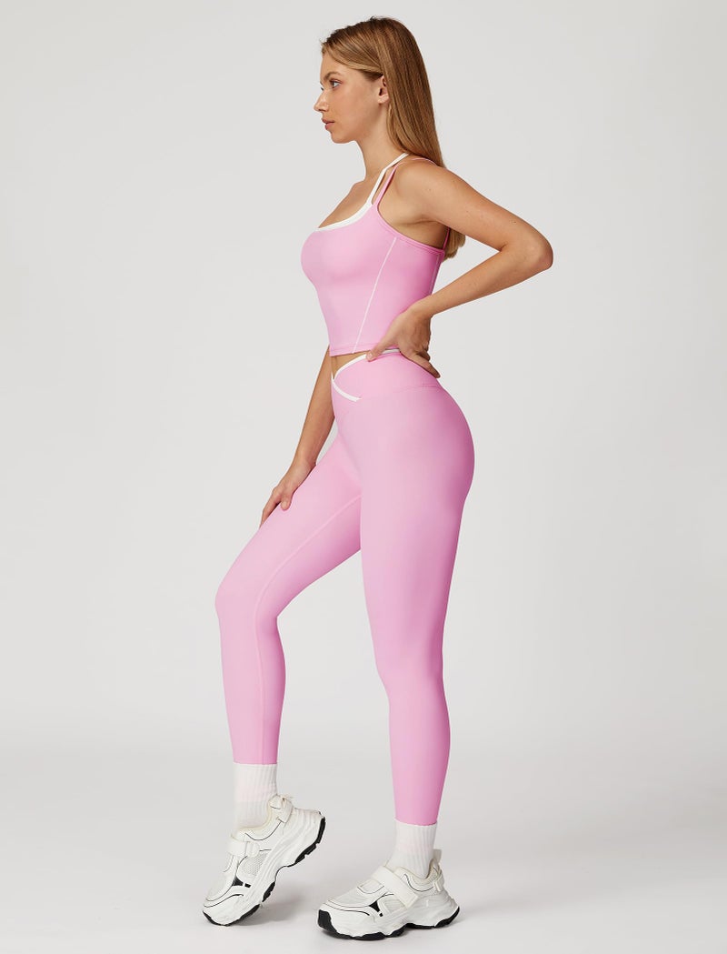 ABOCIW Workout Sets for Women 2 Piece Color Block Layered Cropped Tank Top Crossover High Waist Leggings Gym Sets Active Wear Yoga Pilates Outfits Crossover Pink Small - Image 3