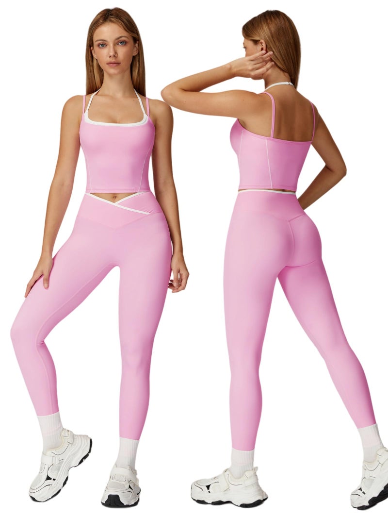 ABOCIW Workout Sets for Women 2 Piece Color Block Layered Cropped Tank Top Crossover High Waist Leggings Gym Sets Active Wear Yoga Pilates Outfits Crossover Pink Small - Image 1
