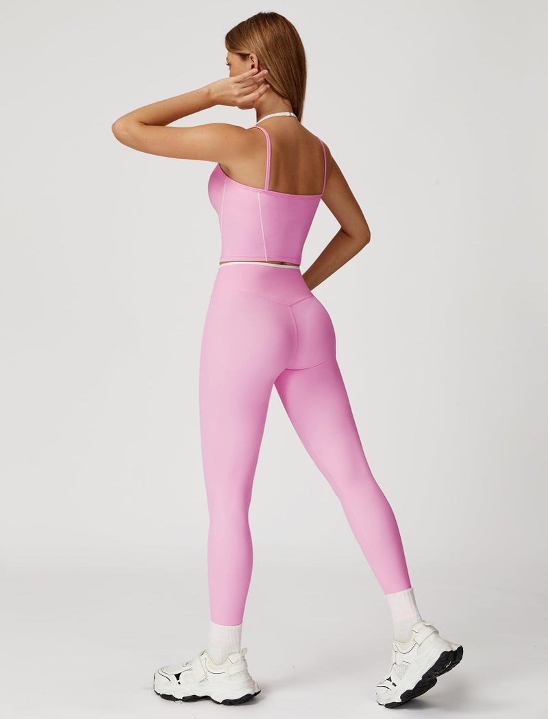 ABOCIW Workout Sets for Women 2 Piece Color Block Layered Cropped Tank Top Crossover High Waist Leggings Gym Sets Active Wear Yoga Pilates Outfits Crossover Pink Small - Image 4