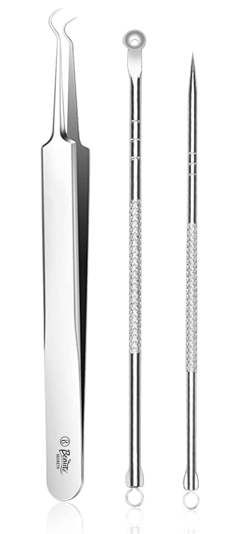 Beauté Secrets Acne Extractor Kit, Blackhead Tweezers and Needle, Pimple Remover tools, Ingrown Hairs And Facial Impurities Removal Set - Image 1