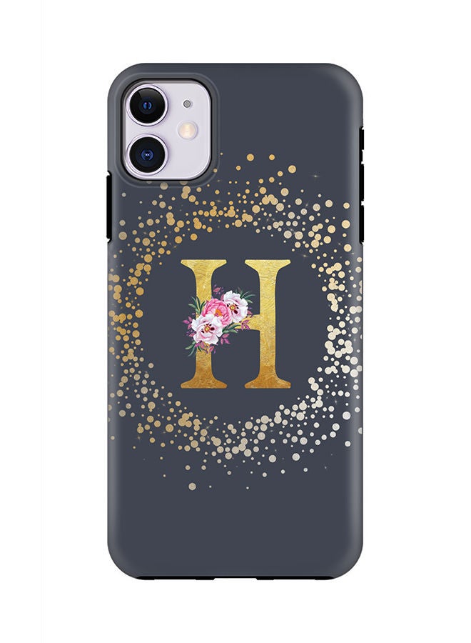 Stylizedd Monogram Tough Cover for Apple iPhone 11 Case Custom Initials Letter Floral Pattern Tough Pro Dual Layer hybrid PC inner TPU protection Alphabet- H (Grey) - Image 1