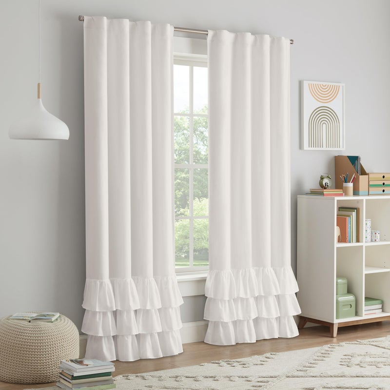Eclipse Blackout Curtain, Tiered Ruffle Kids Curtain, 84 in x 40 in, Thermaback 100% Blackout Curtain with Rod Pocket Header, Curtain for Kids Room or Playroom, 1 Window Curtain, White - Image 5