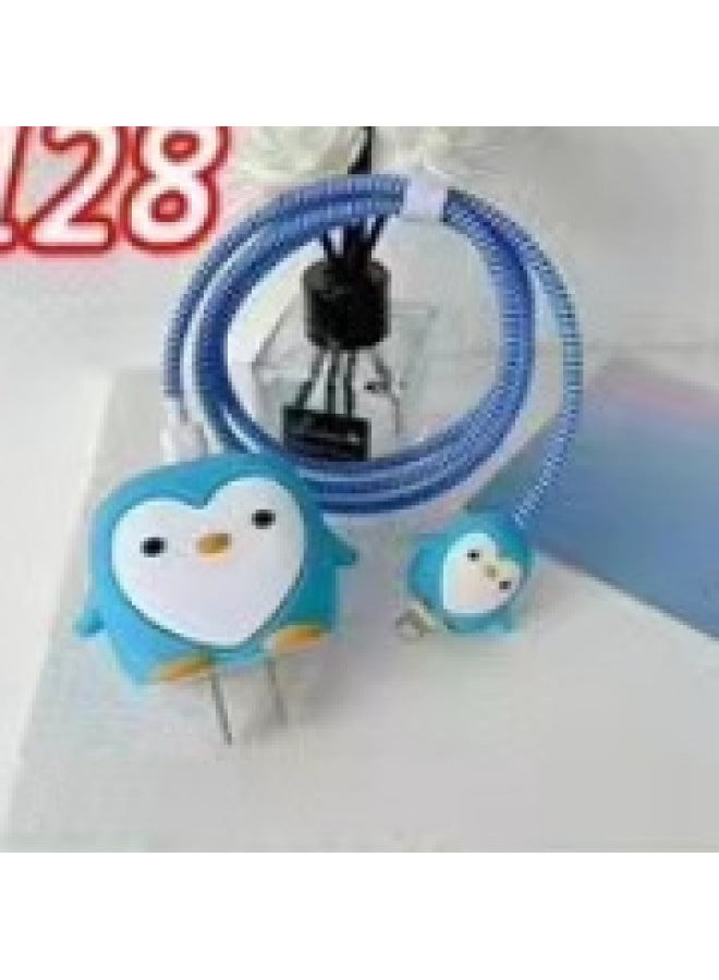 2024 Four-piece Charger Protective Cover For Apple 15 Fast Charging Protective Cover 18W/20W Charger-Specifications:146. Blue Penguin (set Of Four) Big And Small Heads + 1.4m Wire Rope + Tie - Image 1