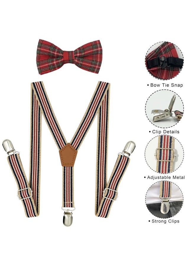 BEWDIO Adjustable Baby Boy Suspenders and Pre-tied Bow Tie, Kids Bowtie and Suspenders with 4 Strong Metal Clips, Stripe/Plaid, 27.6" (1 Years-8 Years) - Image 2