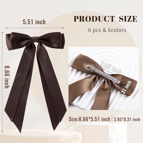 hisial 6Pcs Hair Bows Clips for Hair Silky Satin Ribbon Alligator Barrettes French Hair Ponytail Holders Cute Accessories for Women Girls(Black/Beige/Grey/Khaki/Coffee) - Image 2
