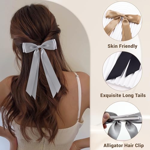 hisial 6Pcs Hair Bows Clips for Hair Silky Satin Ribbon Alligator Barrettes French Hair Ponytail Holders Cute Accessories for Women Girls(Black/Beige/Grey/Khaki/Coffee) - Image 3