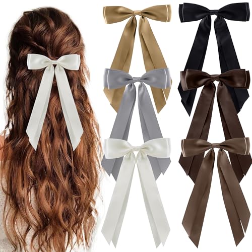 hisial 6Pcs Hair Bows Clips for Hair Silky Satin Ribbon Alligator Barrettes French Hair Ponytail Holders Cute Accessories for Women Girls(Black/Beige/Grey/Khaki/Coffee) - Image 1