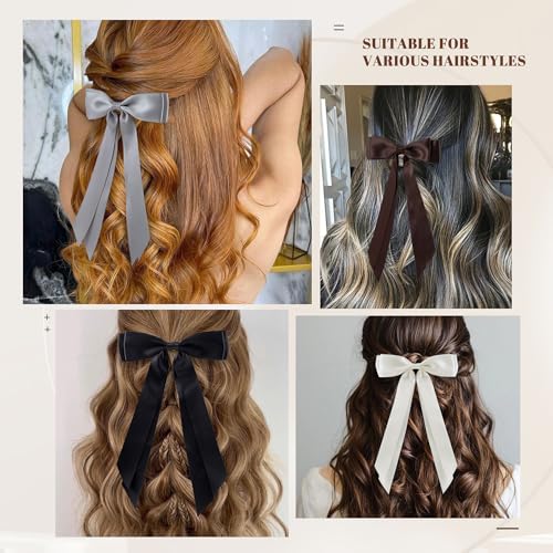 hisial 6Pcs Hair Bows Clips for Hair Silky Satin Ribbon Alligator Barrettes French Hair Ponytail Holders Cute Accessories for Women Girls(Black/Beige/Grey/Khaki/Coffee) - Image 5