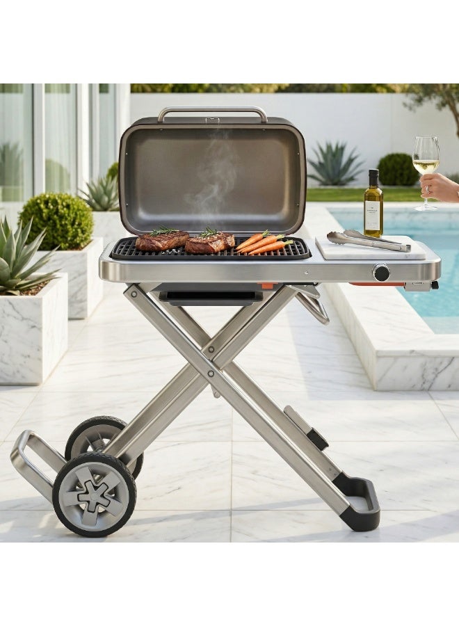 Manful Portable BBQ Gas Grill with Foldable Stand & Wheels, Stainless Steel Charcoal Grill, Compact Outdoor Barbecue Cooker for Camping, Picnic, Travel & Garden Cooking (Black) - Image 2