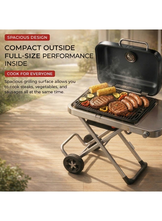 Manful Portable BBQ Gas Grill with Foldable Stand & Wheels, Stainless Steel Charcoal Grill, Compact Outdoor Barbecue Cooker for Camping, Picnic, Travel & Garden Cooking (Black) - Image 3