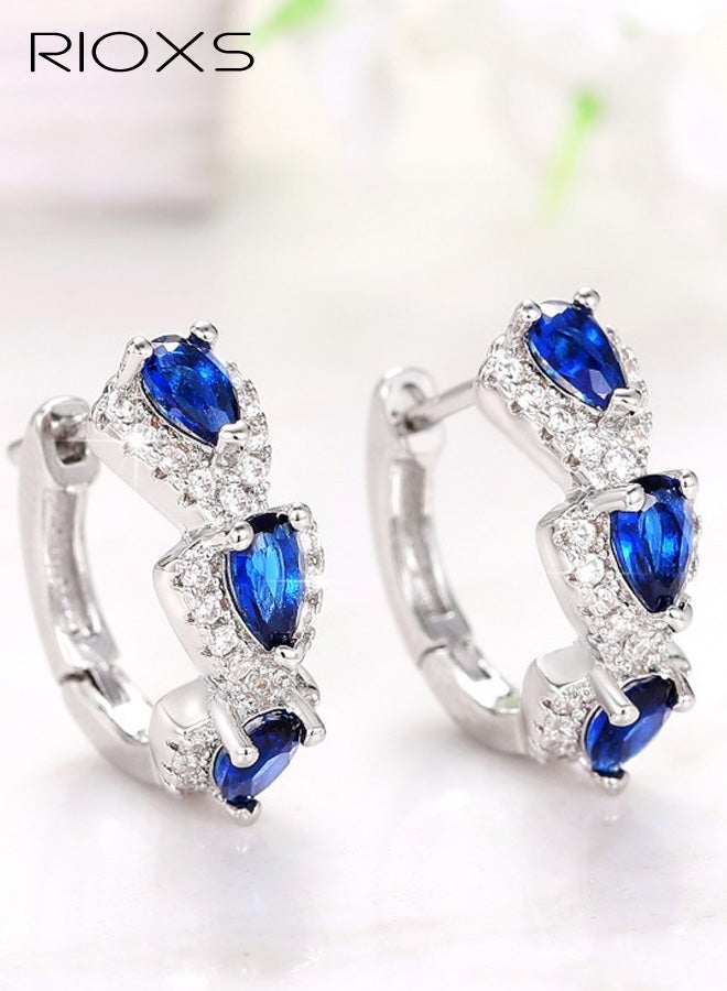 RIOXS Womens Rhinestone Hoop Earrings, Small Hoops Earrings 18K White Gold Plated Blue Cubic Zirconia Hinged Sleeper Tiny Hoop Earrings Trendy Jewelry for Prom Party Dating Anniversary - Image 5