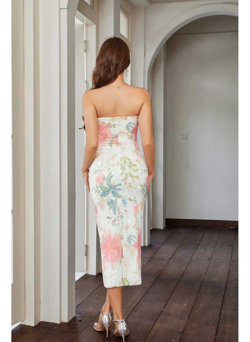 Modest Sleeveless Floral Sequin Midi Dress, Elegant Formal Gown for Middle Eastern Women - Image 3