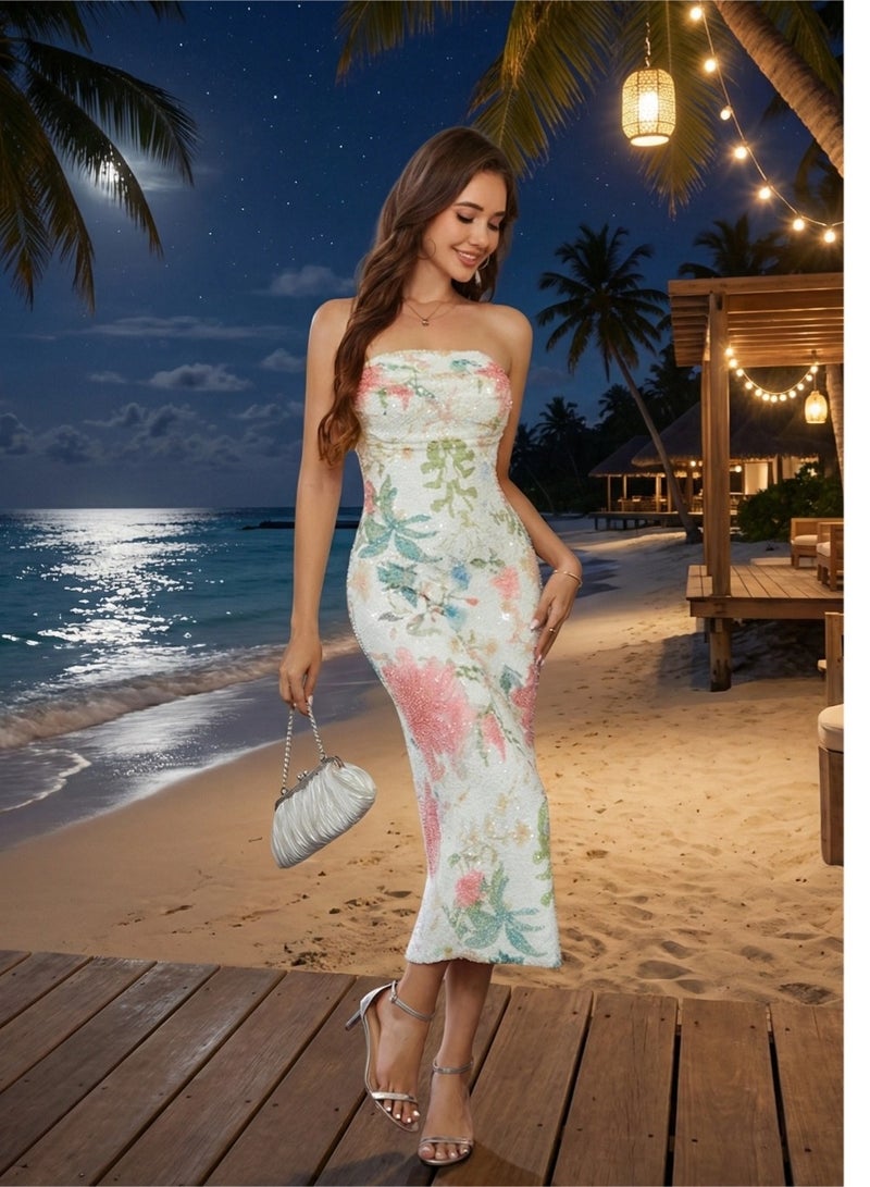 Modest Sleeveless Floral Sequin Midi Dress, Elegant Formal Gown for Middle Eastern Women - Image 5