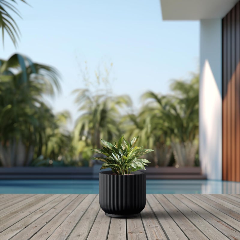 Kante Round Fluted Planter, 11 Inch Dia Large Concrete Plant Pots with Drainage Hole and Rubber Plug, Modern Decor for Indoor Outdoor Plants, Flower, Black Finish with Painted Interior - Image 4