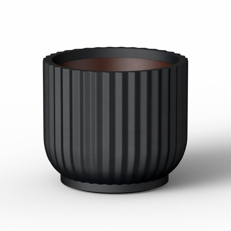 Kante Round Fluted Planter, 11 Inch Dia Large Concrete Plant Pots with Drainage Hole and Rubber Plug, Modern Decor for Indoor Outdoor Plants, Flower, Black Finish with Painted Interior - Image 1