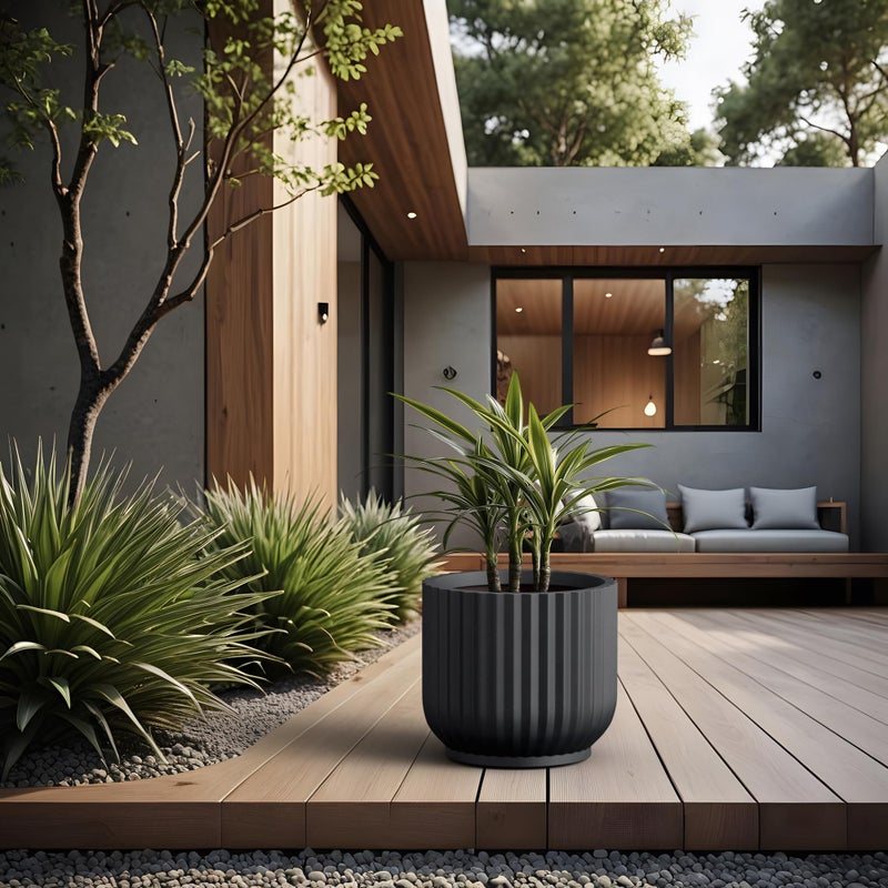 Kante Round Fluted Planter, 11 Inch Dia Large Concrete Plant Pots with Drainage Hole and Rubber Plug, Modern Decor for Indoor Outdoor Plants, Flower, Black Finish with Painted Interior - Image 3