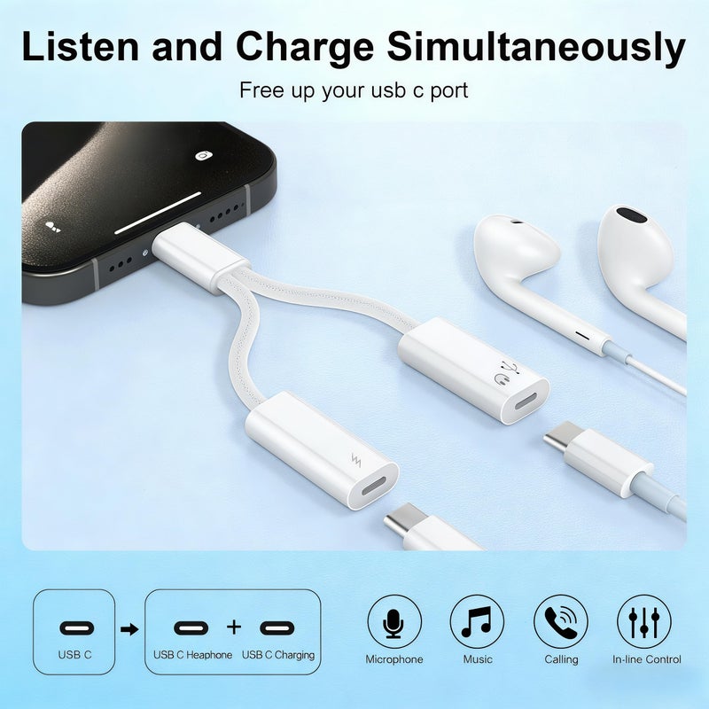 basecolors 2Pack USB C Splitter 1 in 2 Out, Dual UsbC Charger and Headphone Adapter, USBC Splitter PD 60W Fast Charging, Type C Audio Adapter USB-C Dongle Cable for Apple iPhone 15 16 17/iPad Pro/Galaxy/Pixel - Image 3