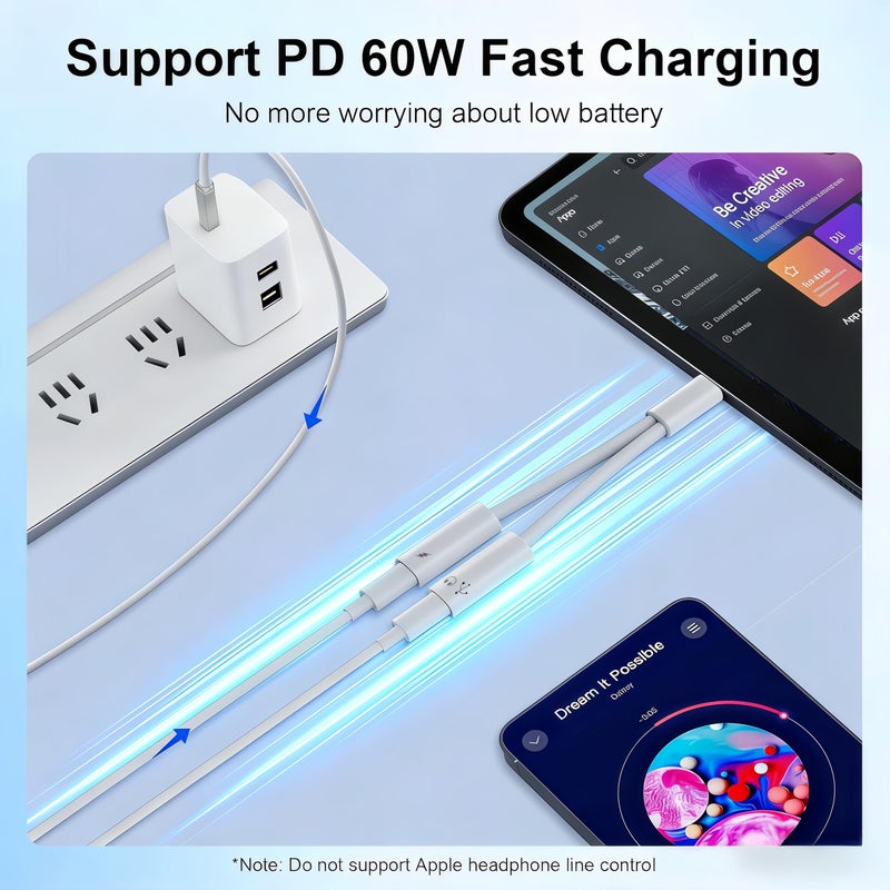 basecolors 2Pack USB C Splitter 1 in 2 Out, Dual UsbC Charger and Headphone Adapter, USBC Splitter PD 60W Fast Charging, Type C Audio Adapter USB-C Dongle Cable for Apple iPhone 15 16 17/iPad Pro/Galaxy/Pixel - Image 2