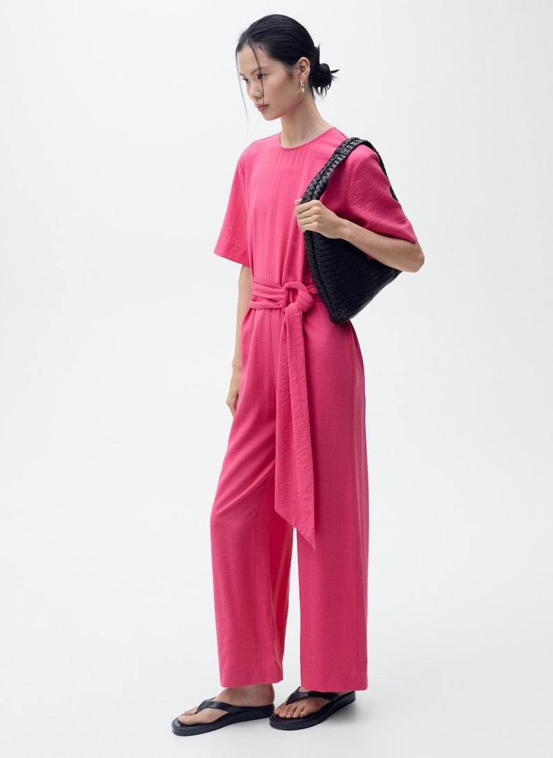 MANGO Straight-Fit Short-Sleeved Jumpsuit With Belt  - Image 1