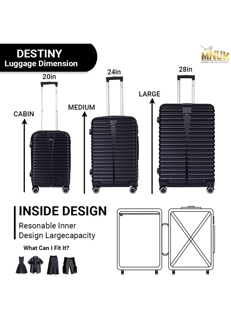 MNUK Destiny Checked Luggage | Hardside Soft Handle Trolley with TSA Lock |Double 360° 4 Wheeler| Large-28 Inch, Black