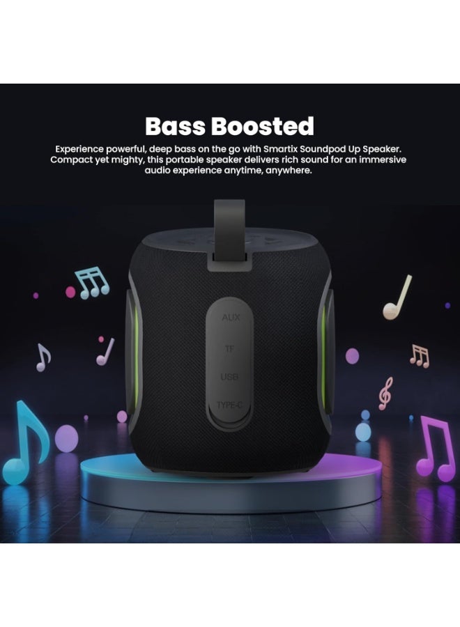 Smartix SoundPod Up Portable Bluetooth Speaker, IPX5 Water Resistant, 10 Meters Transmission, Bluetooth V5.3, Dual Pairing, RGB Light, Support SD Card, AUX, FM Radio (Fabric RGB, Black) - Image 3