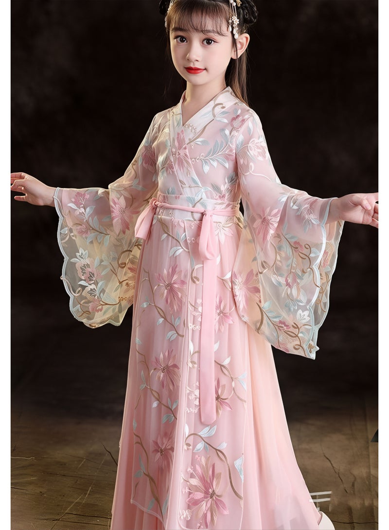 liannaner Girls Pink Hanfu Dress Traditional Chinese Embroidery Floral Kimono Robe Kids Ancient Princess Outfit Long Sleeve Chiffon Costume for Birthday Party Photoshoot - Image 2