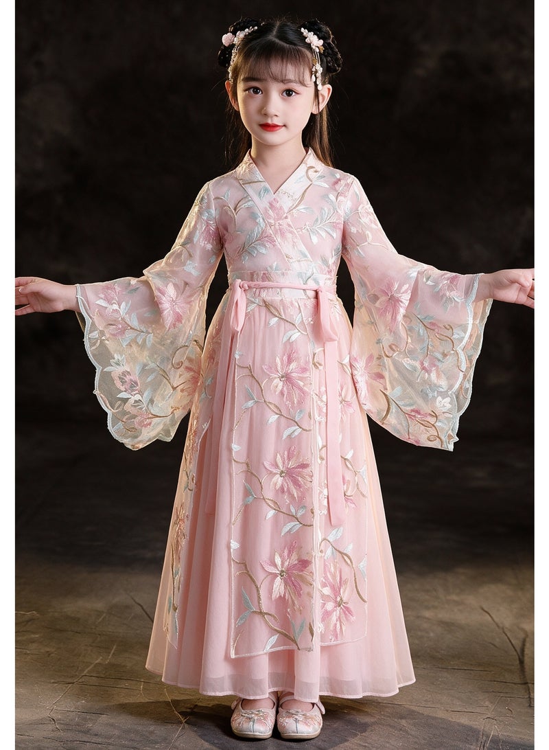 liannaner Girls Pink Hanfu Dress Traditional Chinese Embroidery Floral Kimono Robe Kids Ancient Princess Outfit Long Sleeve Chiffon Costume for Birthday Party Photoshoot - Image 5