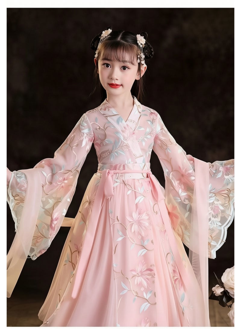 liannaner Girls Pink Hanfu Dress Traditional Chinese Embroidery Floral Kimono Robe Kids Ancient Princess Outfit Long Sleeve Chiffon Costume for Birthday Party Photoshoot - Image 4