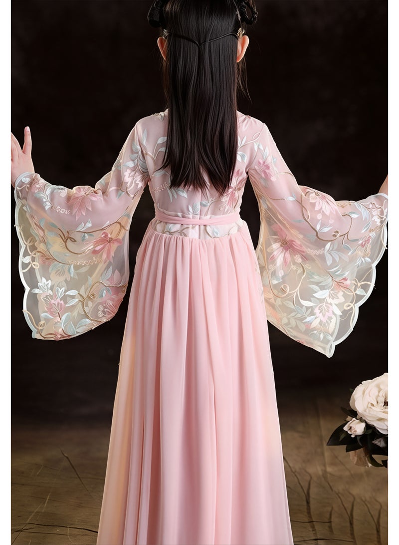 liannaner Girls Pink Hanfu Dress Traditional Chinese Embroidery Floral Kimono Robe Kids Ancient Princess Outfit Long Sleeve Chiffon Costume for Birthday Party Photoshoot - Image 3