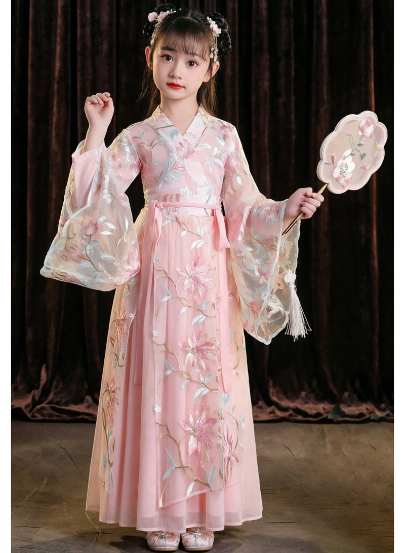 liannaner Girls Pink Hanfu Dress Traditional Chinese Embroidery Floral Kimono Robe Kids Ancient Princess Outfit Long Sleeve Chiffon Costume for Birthday Party Photoshoot - Image 1
