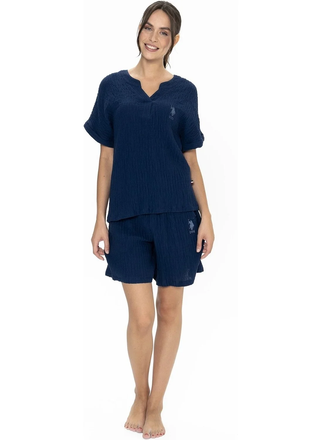 U.S. Polo Assn. 20017 Women's Muslin Fabric Short Sleeve V Neck Shorts Pajama Set-Navy Blue