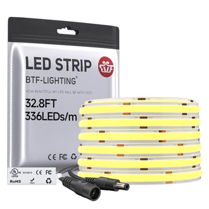 BTF-LIGHTING FCOB COB LED Strip Natural White 4000K, UL Listed 32.8FT DC24V Super Bright Uniform Light, CRI 90+ 8mm Width Flexible Tape Light for Home Indoor DIY Lighting(No Adapter or Controller) - Image 1