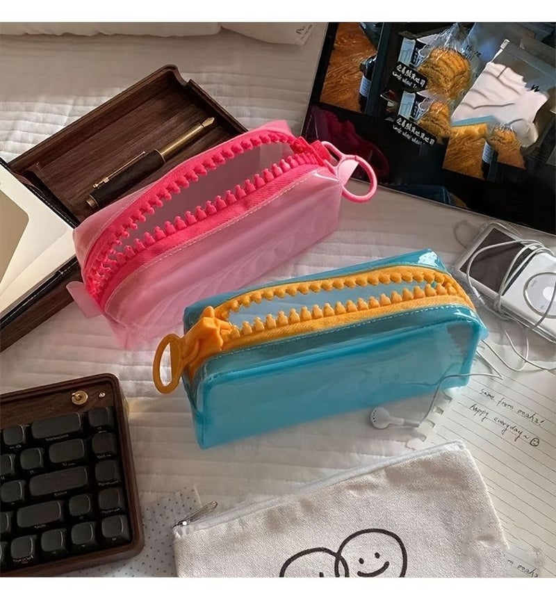 Blue Large Zipper Pencil Case Ample Space Stationery Cosmetics Storage Candy Color - Image 3