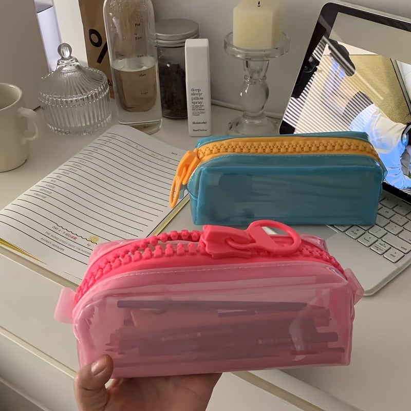 Blue Large Zipper Pencil Case Ample Space Stationery Cosmetics Storage Candy Color - Image 1