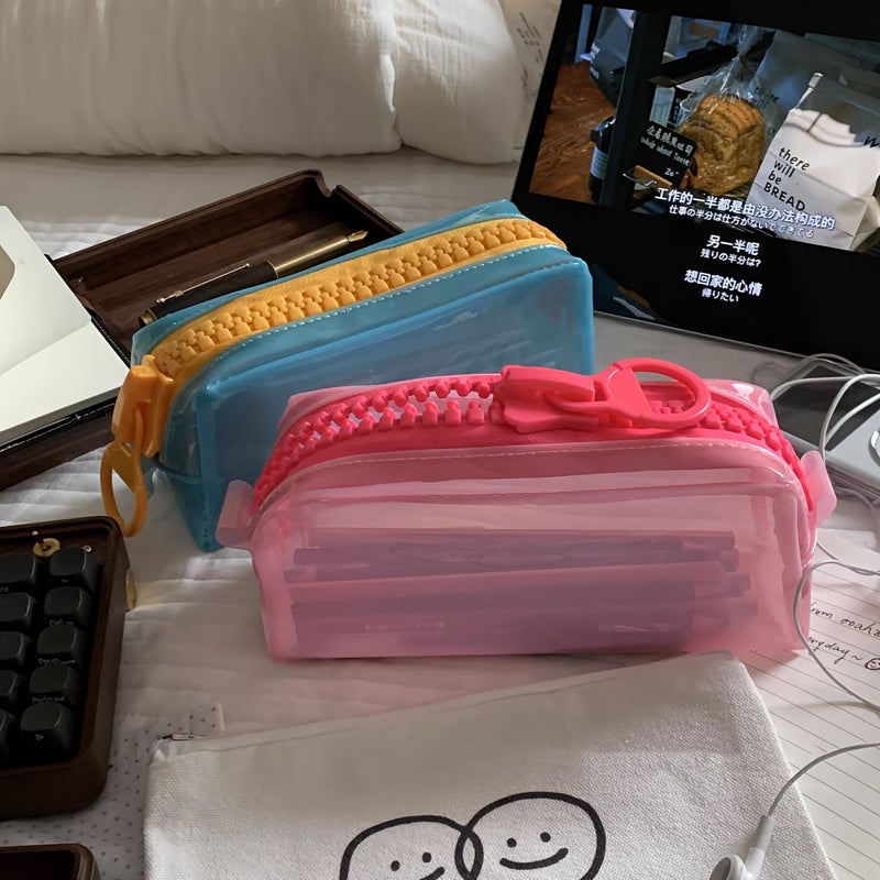 Blue Large Zipper Pencil Case Ample Space Stationery Cosmetics Storage Candy Color - Image 2