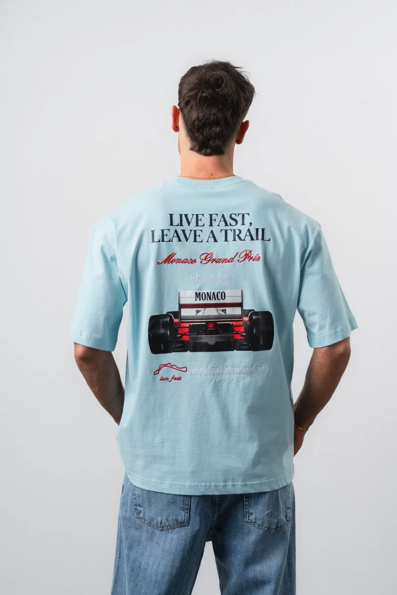 Respire Men's Live Fast Printed Oversize T-Shirt Baby Blue