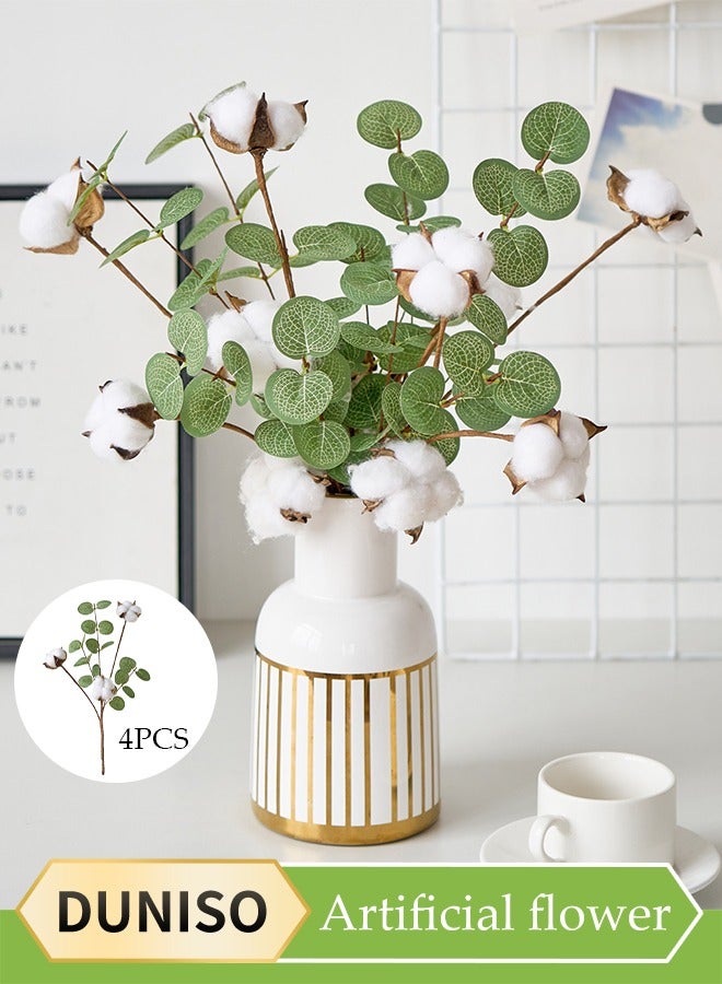 DUNISO مجموعة باقة زهور صناعية مكونة من 4 قطع، زهور قطنية بمحاكاة أوراق الأوكاليبتوس، زهور زينة مزيفة، زينة باقات الزفاف المنزلية، للمنزل، المكتب، زينة طاولة الغرفة، زينة طاولة المكتب - Image 1