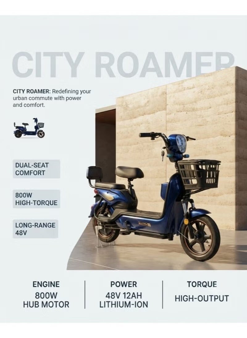 Premium Dual-Seat Electric Scooter / Moped with 800W High-Torque Motor, Long-Range 48V 12Ah Battery, Front & Rear Baskets, and Adjustable Comfort Seating - Deep Metallic Blue Finish - Image 4