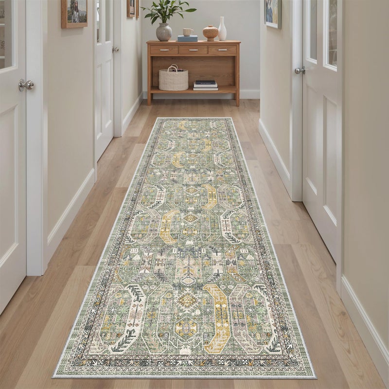 Madane Runner Rug 2x8, Washable Hallway Runner Rugs, Non-Slip Low-Pile Soft Kitchen Rug Runner Laundry Room Rug, Vintage Throw Entry Foyer Mat for Entrance Living Room (Green/Gold, 2 x 8) - Image 2