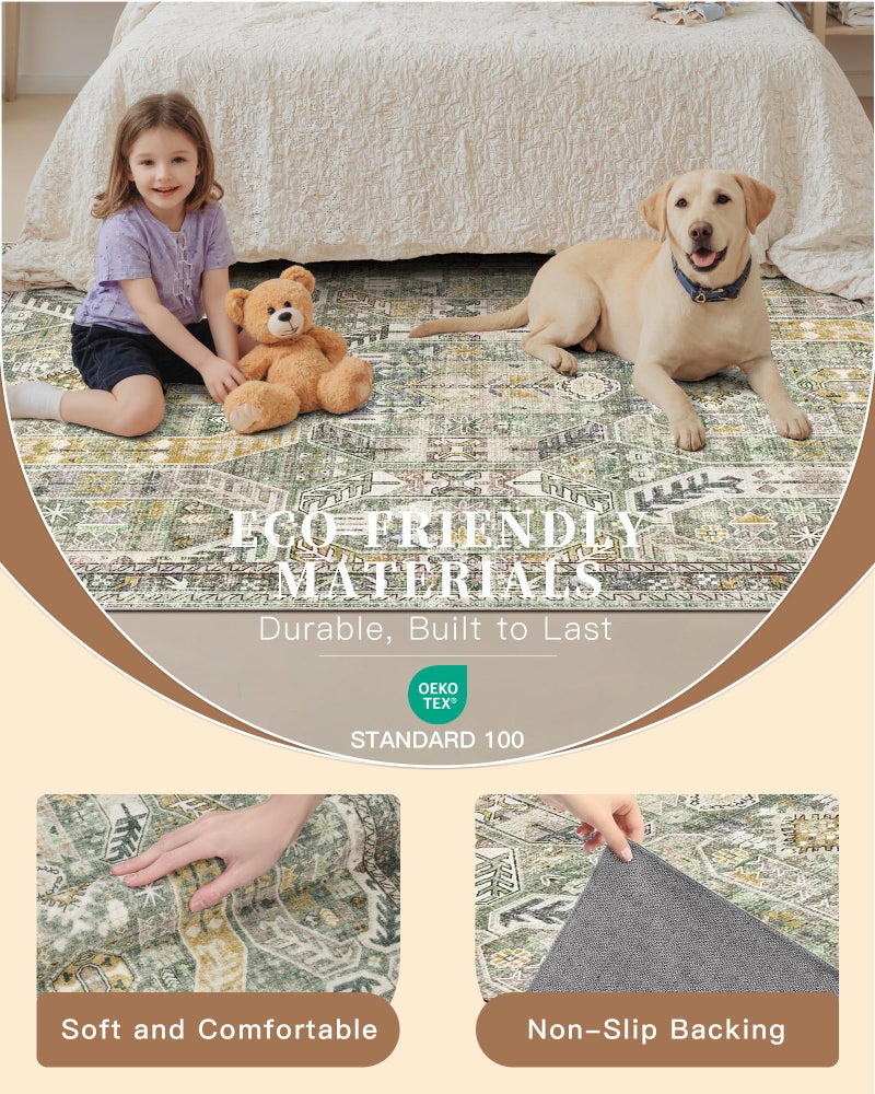 Madane Runner Rug 2x8, Washable Hallway Runner Rugs, Non-Slip Low-Pile Soft Kitchen Rug Runner Laundry Room Rug, Vintage Throw Entry Foyer Mat for Entrance Living Room (Green/Gold, 2 x 8) - Image 5