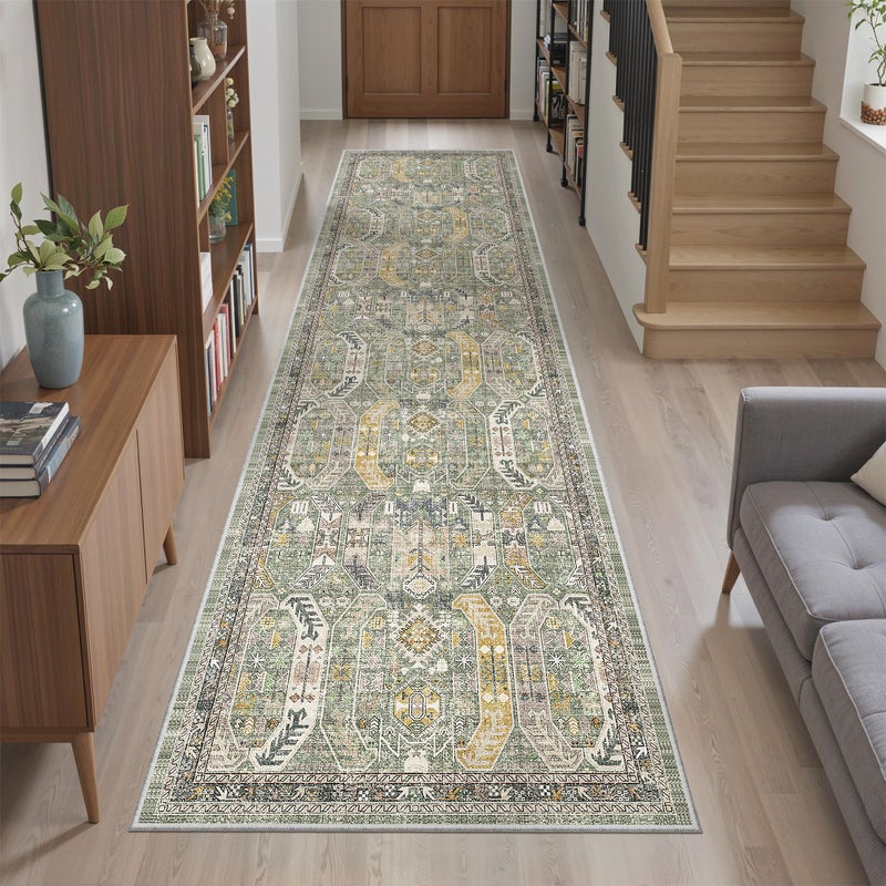 Madane Runner Rug 2x8, Washable Hallway Runner Rugs, Non-Slip Low-Pile Soft Kitchen Rug Runner Laundry Room Rug, Vintage Throw Entry Foyer Mat for Entrance Living Room (Green/Gold, 2 x 8) - Image 1