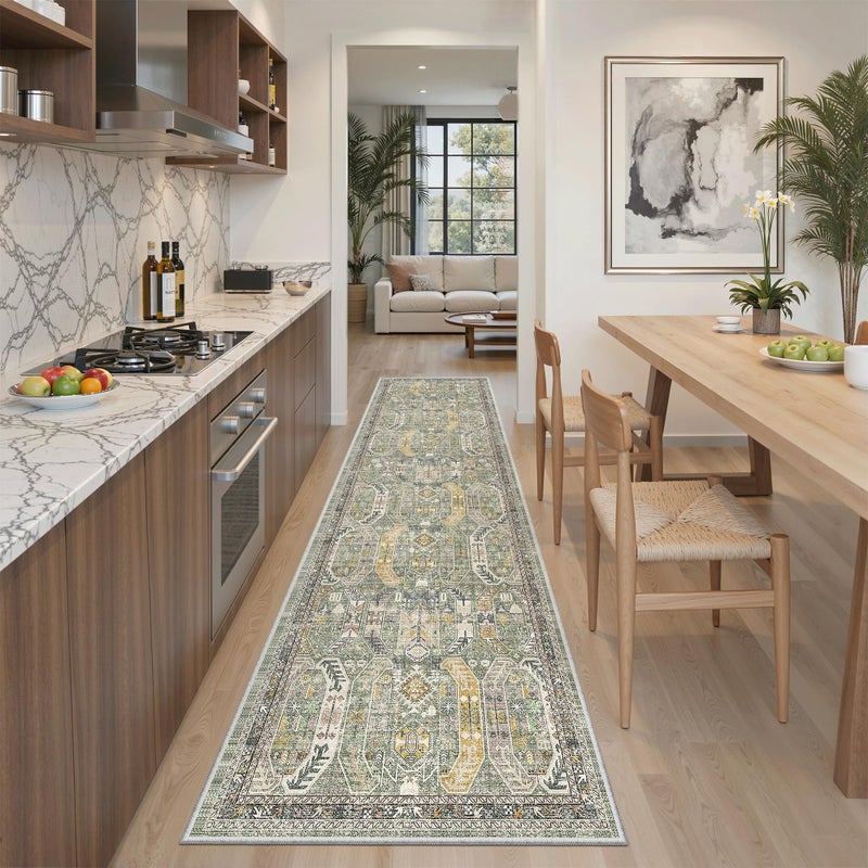 Madane Runner Rug 2x8, Washable Hallway Runner Rugs, Non-Slip Low-Pile Soft Kitchen Rug Runner Laundry Room Rug, Vintage Throw Entry Foyer Mat for Entrance Living Room (Green/Gold, 2 x 8) - Image 3