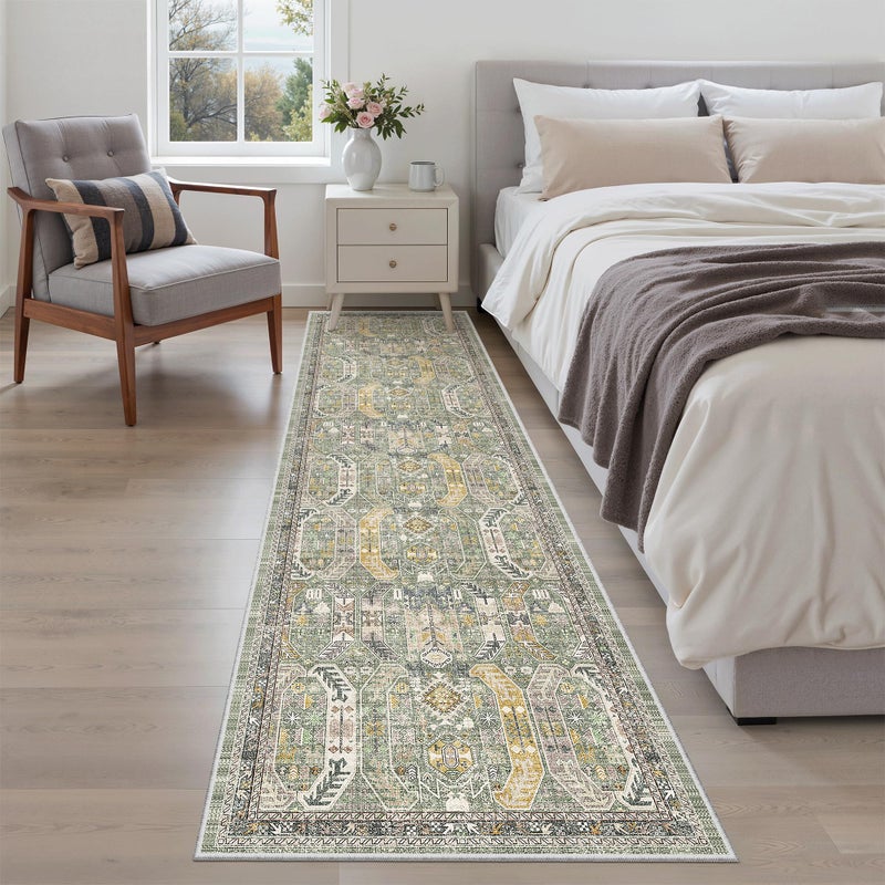 Madane Runner Rug 2x8, Washable Hallway Runner Rugs, Non-Slip Low-Pile Soft Kitchen Rug Runner Laundry Room Rug, Vintage Throw Entry Foyer Mat for Entrance Living Room (Green/Gold, 2 x 8) - Image 4