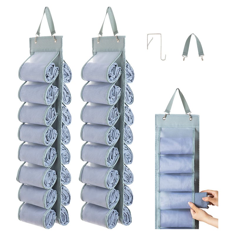 DHSFKBE Legging Organizer Storage 2PCS T Shirt Organizer Hanging Closet Organizers and Storage with 16 Roll Independent Compartments for Yoga Pants Towel Bathing Suit Grey